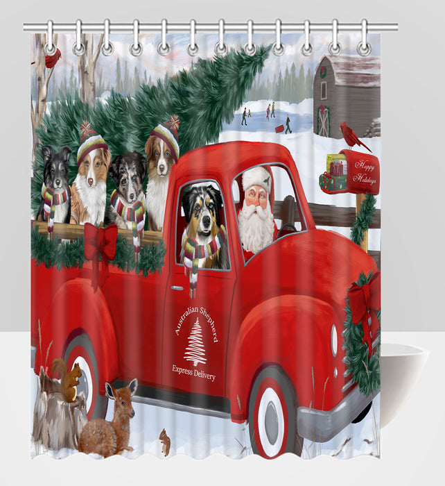 Christmas Santa Express Delivery Red Truck Australian Shepherd Dogs Shower Curtain