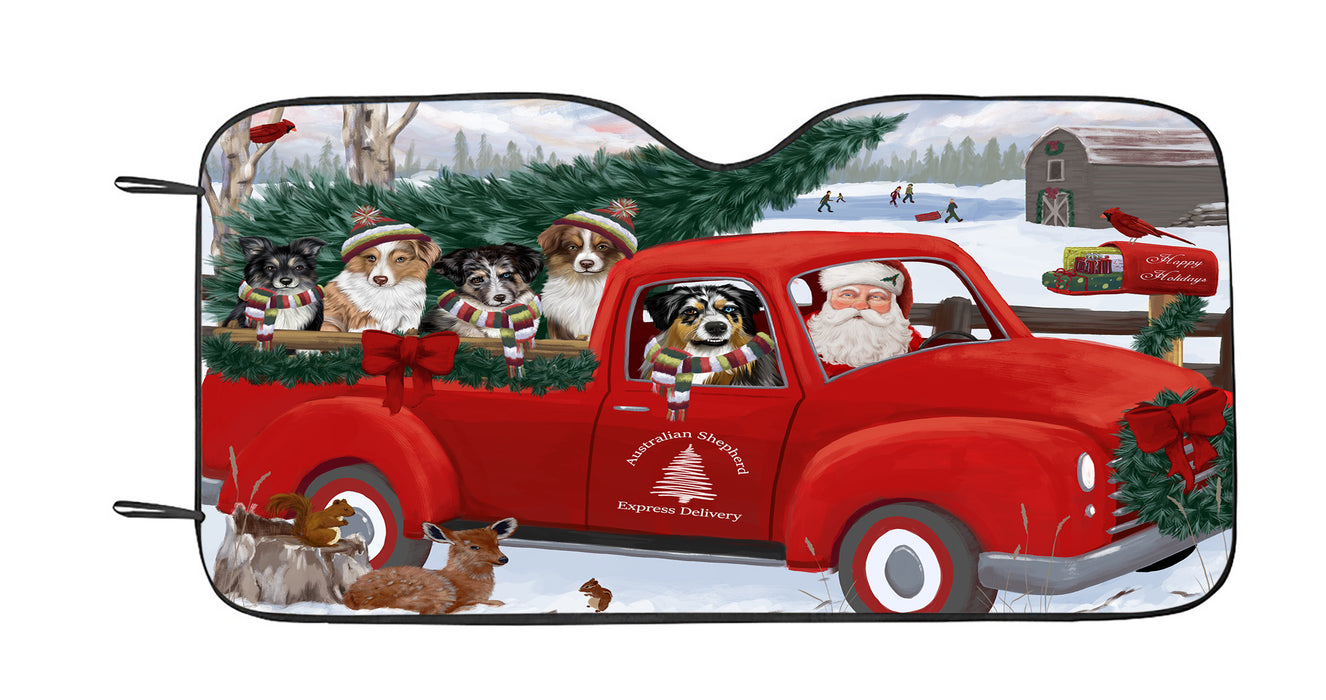 Christmas Santa Express Delivery Red Truck Australian Shepherd Dogs Car Sun Shade