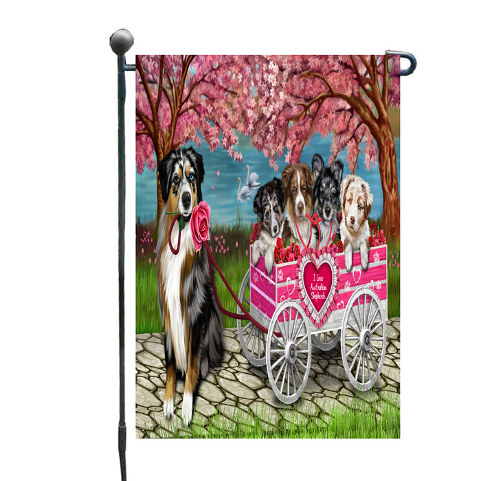 I Love Australian Shepherd Dogs in a Cart Garden Flags Outdoor Decor for Homes and Gardens Double Sided Garden Yard Spring Decorative Vertical Home Flags Garden Porch Lawn Flag for Decorations