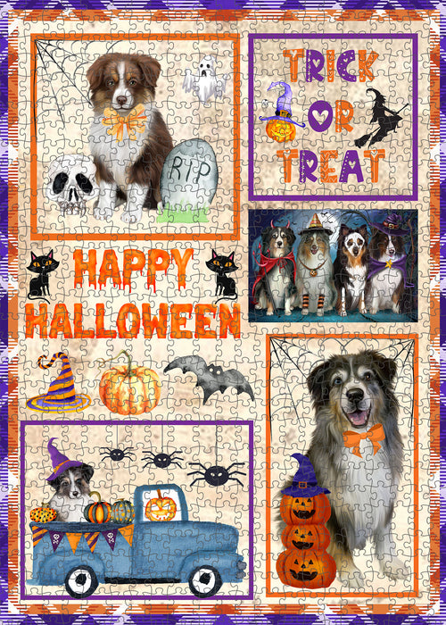 Happy Halloween Trick or Treat Australian Shepherd Dogs Portrait Jigsaw Puzzle for Adults Animal Interlocking Puzzle Game Unique Gift for Dog Lover's with Metal Tin Box