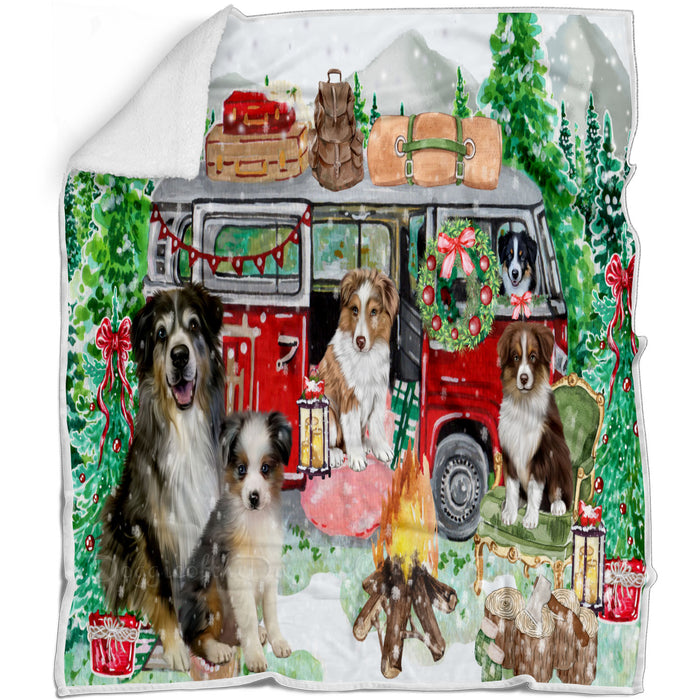 Christmas Time Camping with Australian Shepherd Dogs Blanket - Lightweight Soft Cozy and Durable Bed Blanket - Animal Theme Fuzzy Blanket for Sofa Couch
