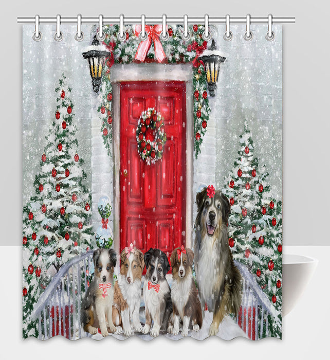 Christmas Holiday Welcome Australian Shepherd Dogs Shower Curtain Pet Painting Bathtub Curtain Waterproof Polyester One-Side Printing Decor Bath Tub Curtain for Bathroom with Hooks