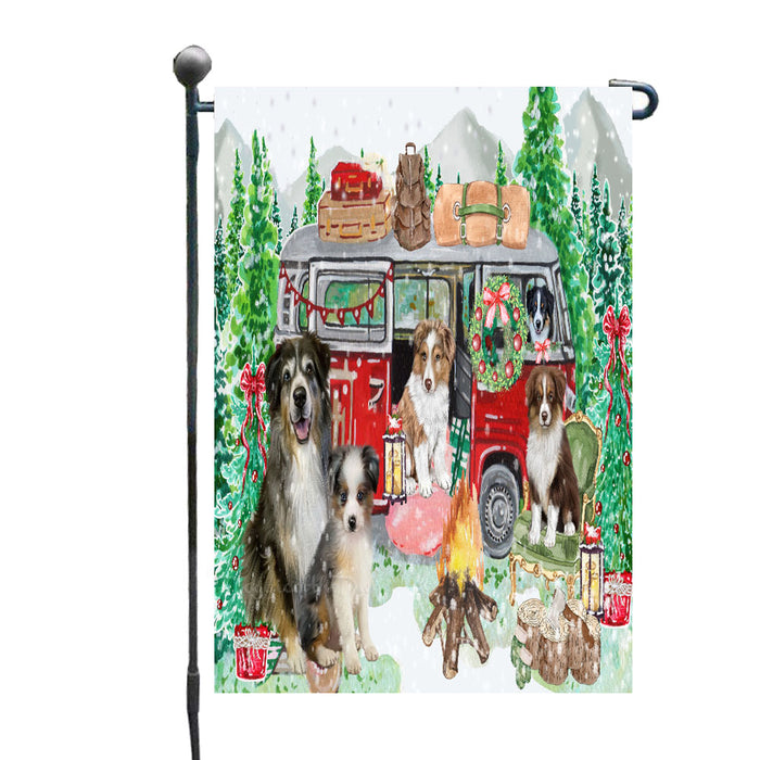 Christmas Time Camping with Australian Shepherd Dogs Garden Flags- Outdoor Double Sided Garden Yard Porch Lawn Spring Decorative Vertical Home Flags 12 1/2"w x 18"h
