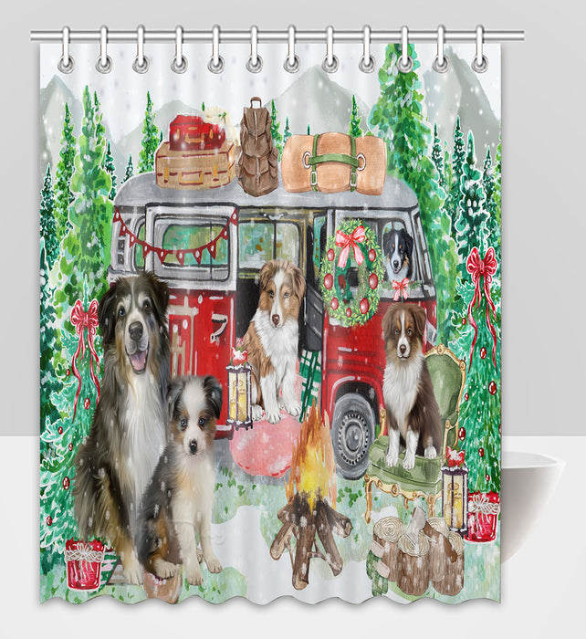 Christmas Time Camping with Australian Shepherd Dogs Shower Curtain Pet Painting Bathtub Curtain Waterproof Polyester One-Side Printing Decor Bath Tub Curtain for Bathroom with Hooks