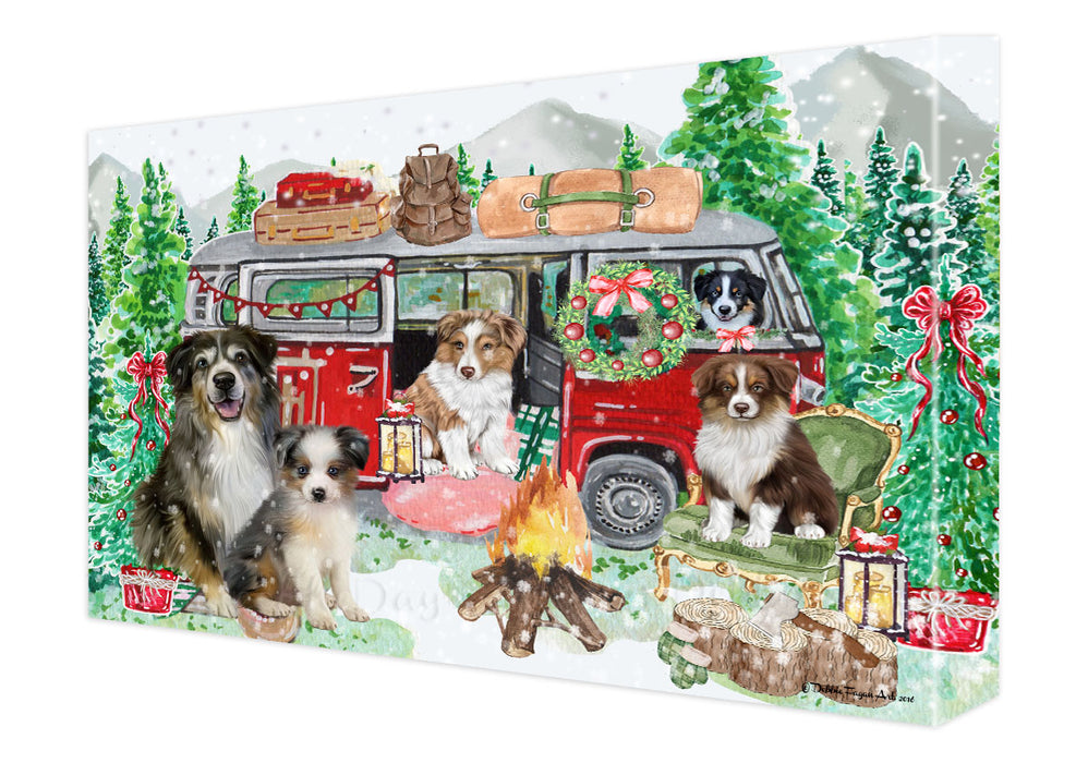 Christmas Time Camping with Australian Shepherd Dogs Canvas Wall Art - Premium Quality Ready to Hang Room Decor Wall Art Canvas - Unique Animal Printed Digital Painting for Decoration