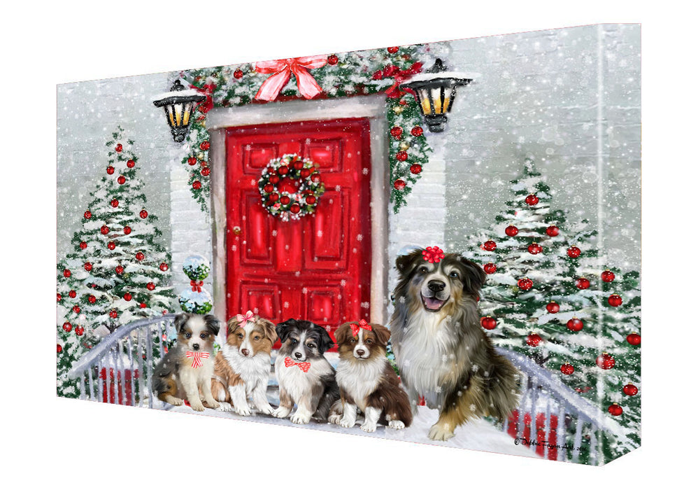 Christmas Holiday Welcome Australian Shepherd Dogs Canvas Wall Art - Premium Quality Ready to Hang Room Decor Wall Art Canvas - Unique Animal Printed Digital Painting for Decoration