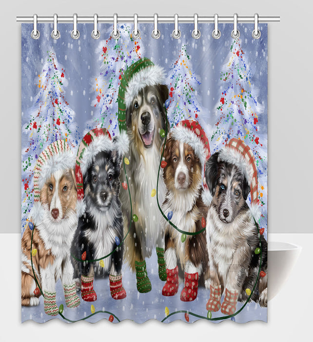 Christmas Lights and Australian Shepherd Dogs Shower Curtain Pet Painting Bathtub Curtain Waterproof Polyester One-Side Printing Decor Bath Tub Curtain for Bathroom with Hooks