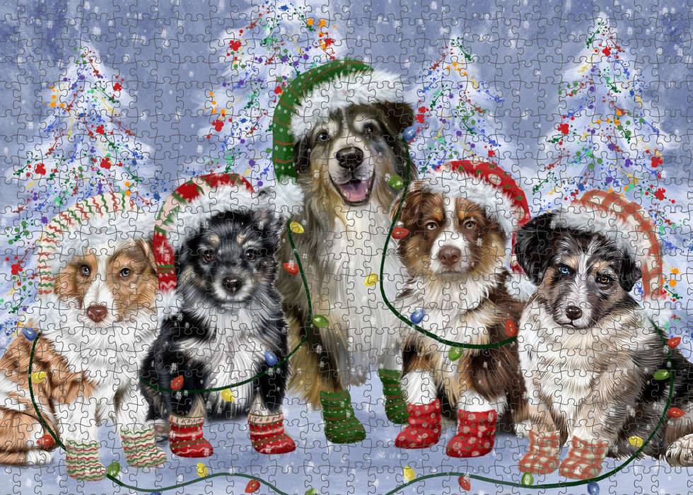 Christmas Lights and Australian Shepherd Dogs Portrait Jigsaw Puzzle for Adults Animal Interlocking Puzzle Game Unique Gift for Dog Lover's with Metal Tin Box