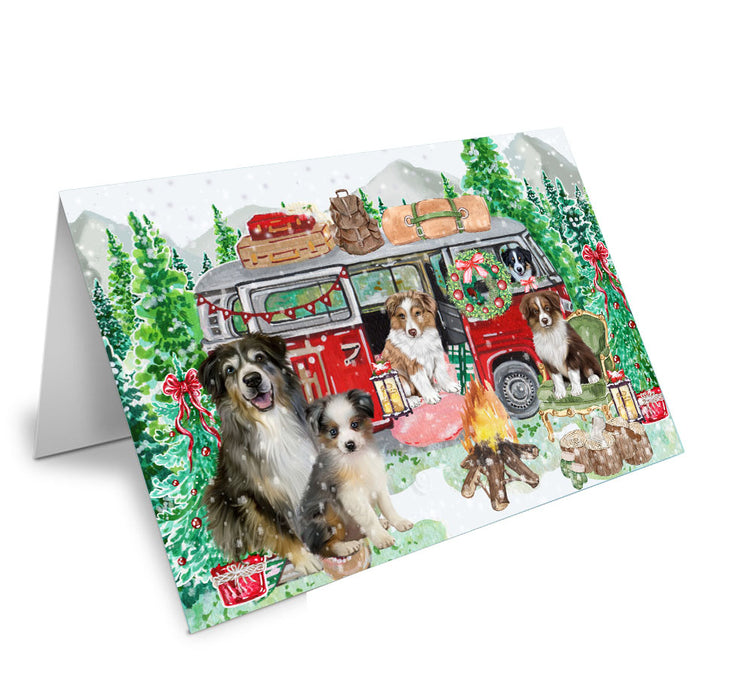 Christmas Time Camping with Australian Shepherd Dogs Handmade Artwork Assorted Pets Greeting Cards and Note Cards with Envelopes for All Occasions and Holiday Seasons