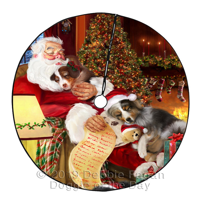 Santa Sleeping with Australian Shepherd Dogs Christmas Tree Skirt