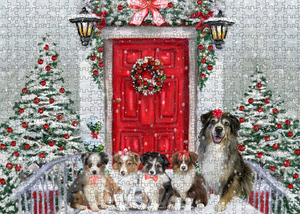 Christmas Holiday Welcome Australian Shepherd Dogs Portrait Jigsaw Puzzle for Adults Animal Interlocking Puzzle Game Unique Gift for Dog Lover's with Metal Tin Box