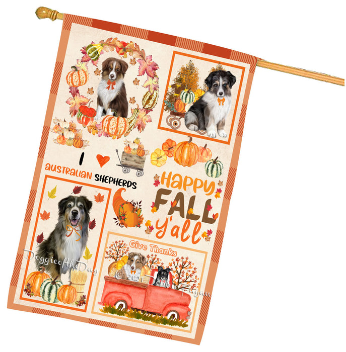Happy Fall Y'all Pumpkin Australian Shepherd Dogs House Flag Outdoor Decorative Double Sided Pet Portrait Weather Resistant Premium Quality Animal Printed Home Decorative Flags 100% Polyester