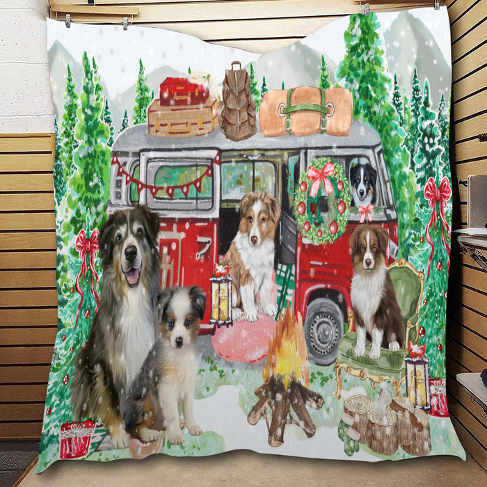 Christmas Time Camping with Australian Shepherd Dogs  Quilt Bed Coverlet Bedspread - Pets Comforter Unique One-side Animal Printing - Soft Lightweight Durable Washable Polyester Quilt