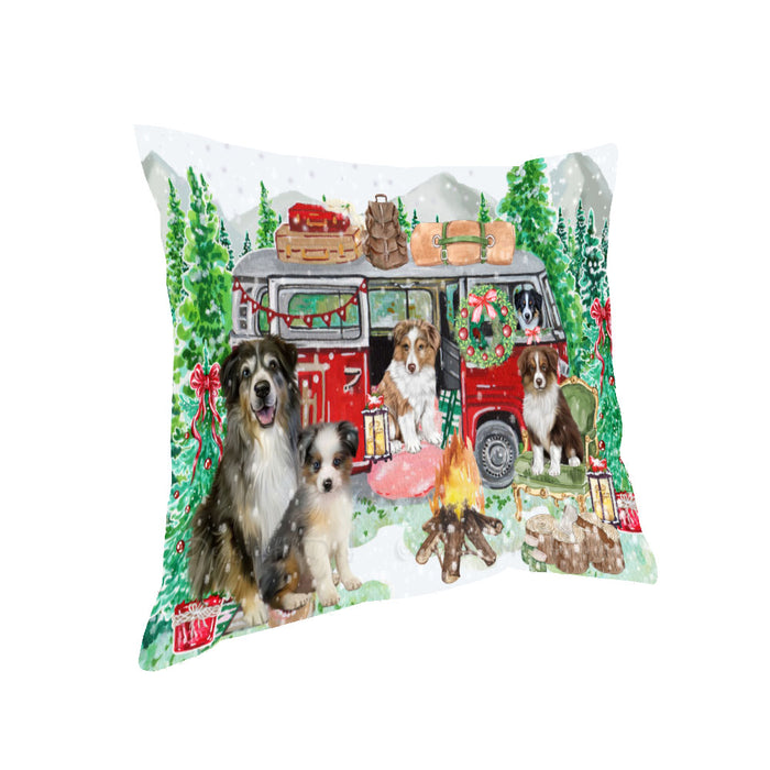 Christmas Time Camping with Australian Shepherd Dogs Pillow with Top Quality High-Resolution Images - Ultra Soft Pet Pillows for Sleeping - Reversible & Comfort - Ideal Gift for Dog Lover - Cushion for Sofa Couch Bed - 100% Polyester