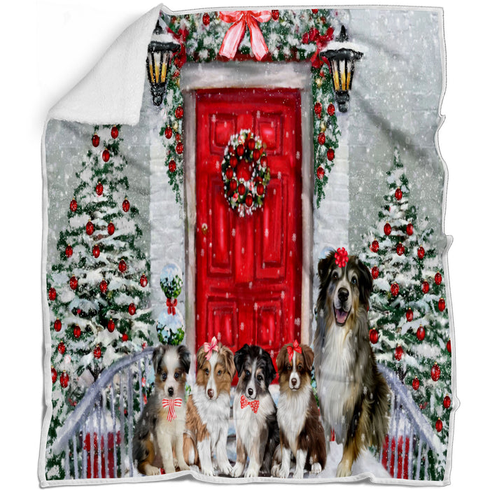 Christmas Holiday Welcome Australian Shepherd Dogs Blanket - Lightweight Soft Cozy and Durable Bed Blanket - Animal Theme Fuzzy Blanket for Sofa Couch