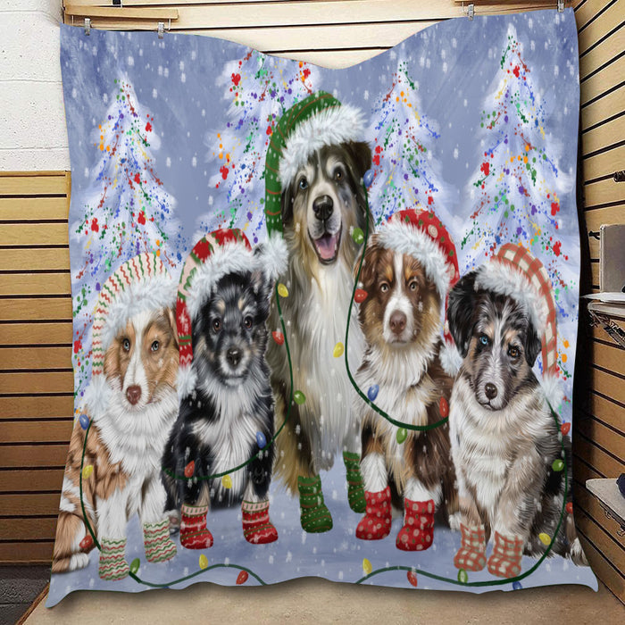 Christmas Lights and Australian Shepherd Dogs  Quilt Bed Coverlet Bedspread - Pets Comforter Unique One-side Animal Printing - Soft Lightweight Durable Washable Polyester Quilt