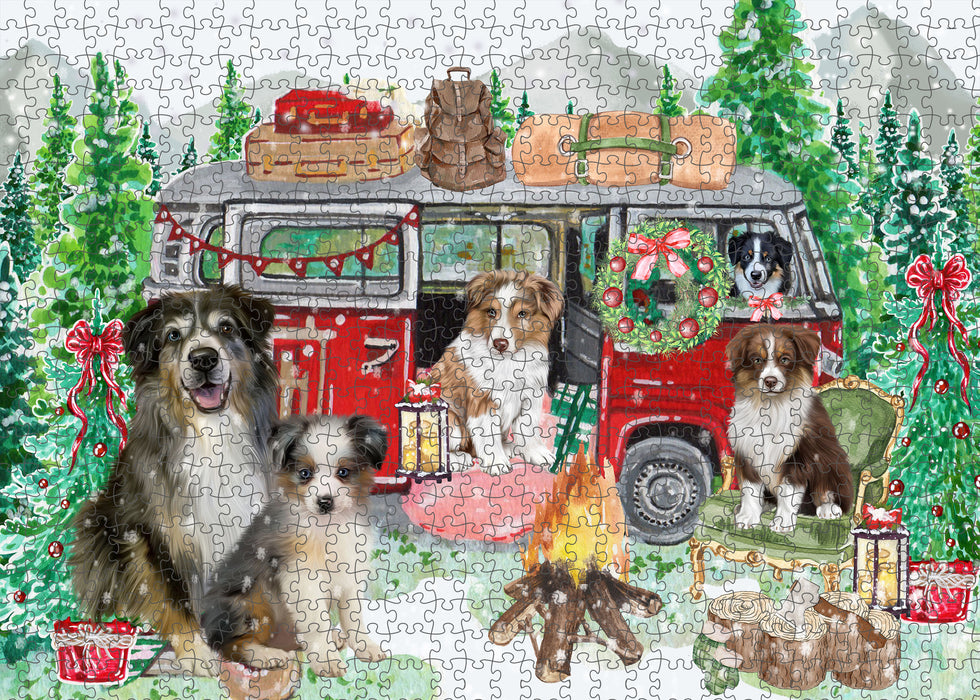 Christmas Time Camping with Australian Shepherd Dogs Portrait Jigsaw Puzzle for Adults Animal Interlocking Puzzle Game Unique Gift for Dog Lover's with Metal Tin Box