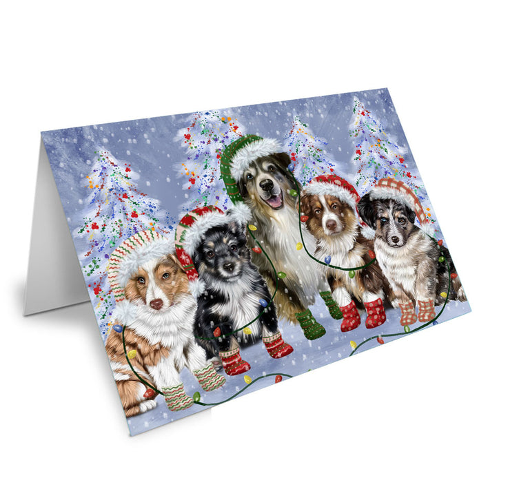 Christmas Lights and Australian Shepherd Dogs Handmade Artwork Assorted Pets Greeting Cards and Note Cards with Envelopes for All Occasions and Holiday Seasons