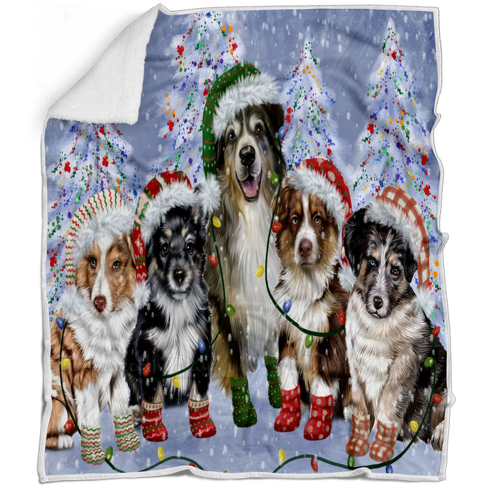 Christmas Lights and Australian Shepherd Dogs Blanket - Lightweight Soft Cozy and Durable Bed Blanket - Animal Theme Fuzzy Blanket for Sofa Couch