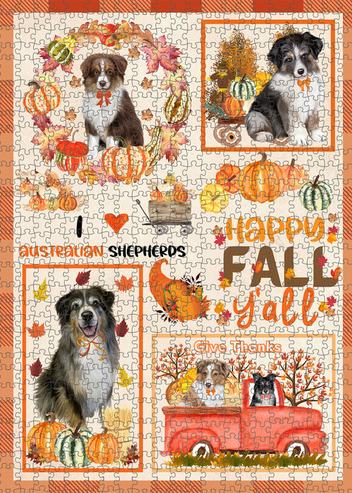 Happy Fall Y'all Pumpkin Australian Shepherd Dogs Portrait Jigsaw Puzzle for Adults Animal Interlocking Puzzle Game Unique Gift for Dog Lover's with Metal Tin Box