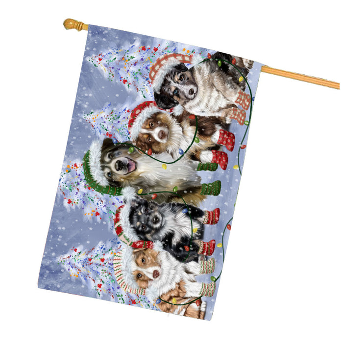 Christmas Lights and Australian Shepherd Dogs House Flag Outdoor Decorative Double Sided Pet Portrait Weather Resistant Premium Quality Animal Printed Home Decorative Flags 100% Polyester