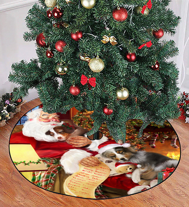 Santa Sleeping with Australian Shepherd Dogs Christmas Tree Skirt