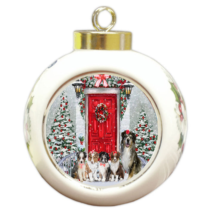 Christmas Holiday Welcome Australian Shepherd Dogs Round Ball Christmas Ornament Pet Decorative Hanging Ornaments for Christmas X-mas Tree Decorations - 3" Round Ceramic Ornament