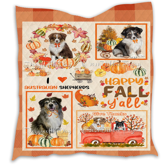 Happy Fall Y'all Pumpkin Australian Shepherd Dogs Quilt Bed Coverlet Bedspread - Pets Comforter Unique One-side Animal Printing - Soft Lightweight Durable Washable Polyester Quilt