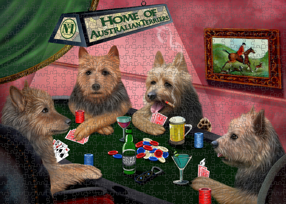 Home of Poker Playing Australian Terrier Dogs Portrait Jigsaw Puzzle for Adults Animal Interlocking Puzzle Game Unique Gift for Dog Lover's with Metal Tin Box