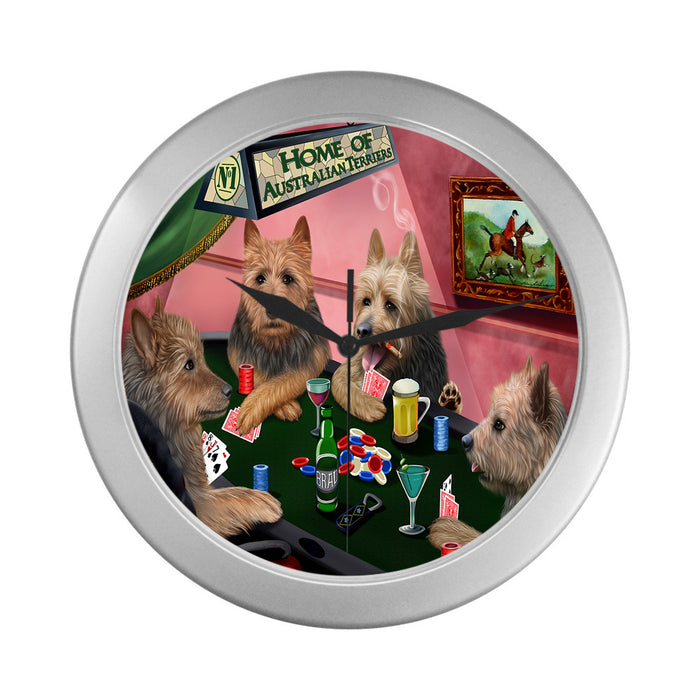 Home of Australian Terrier Dogs Playing Poker Silver Wall Clocks