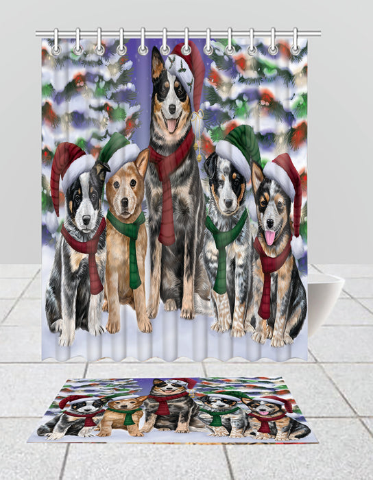 Australian Cattle Dogs Christmas Family Portrait in Holiday Scenic Background  Bath Mat and Shower Curtain Combo