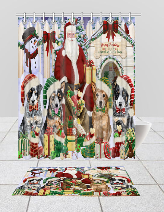 Happy Holidays Christmas Australian Cattle Dogs House Gathering Bath Mat and Shower Curtain Combo