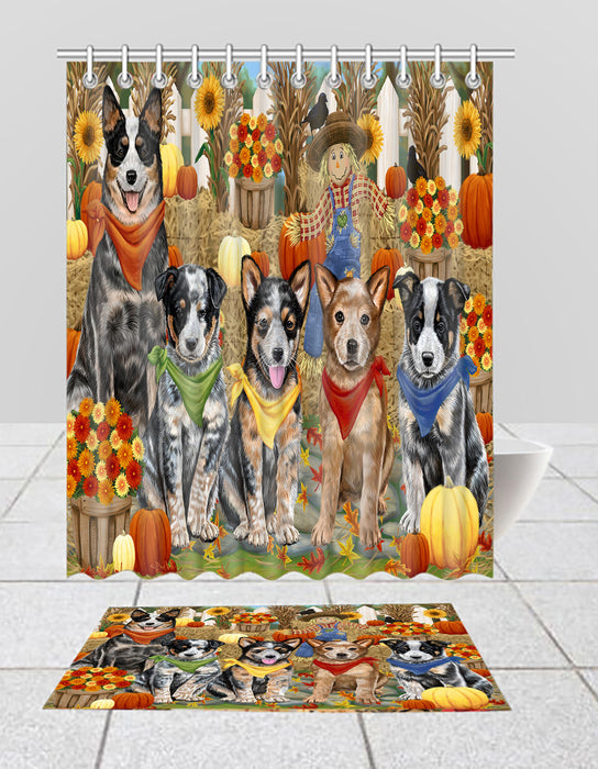 Fall Festive Harvest Time Gathering Australian Cattle Dogs Bath Mat and Shower Curtain Combo