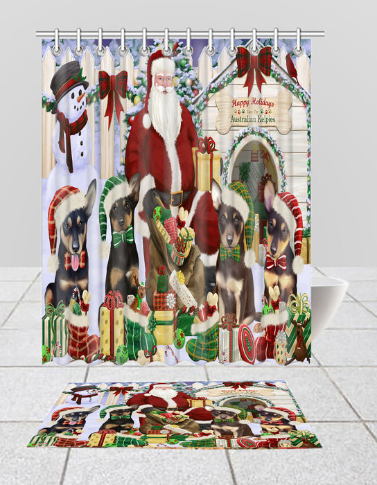 Happy Holidays Christmas Australian Kelpies Dogs House Gathering Bath Mat and Shower Curtain Combo