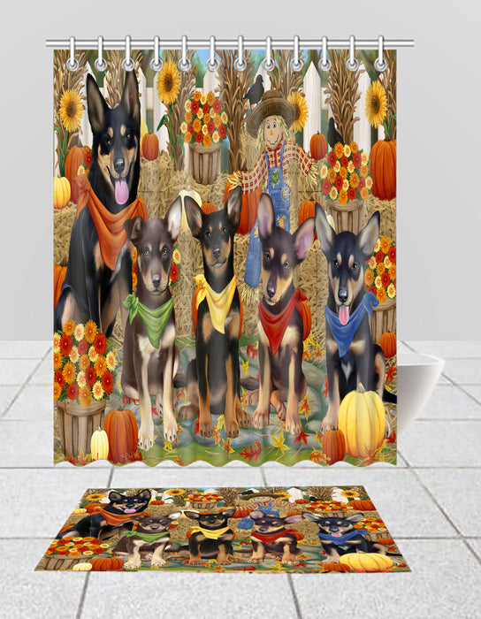 Fall Festive Harvest Time Gathering Australian Kelpies Dogs Bath Mat and Shower Curtain Combo