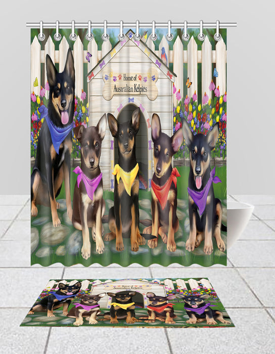 Spring Dog House Australian Kelpie Dogs Bath Mat and Shower Curtain Combo