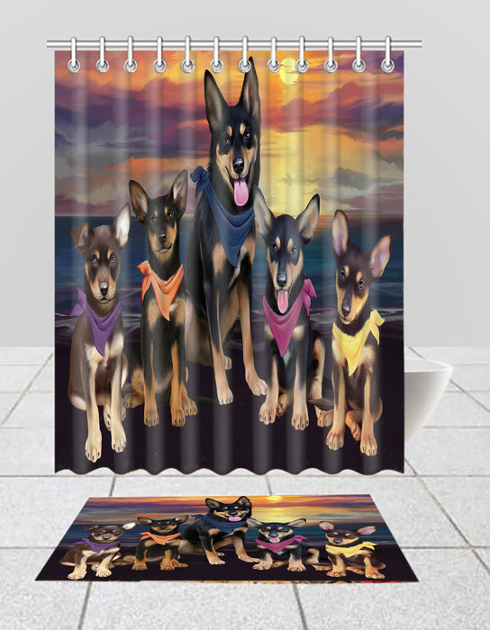 Family Sunset Portrait Australian Kelpies Dogs Bath Mat and Shower Curtain Combo