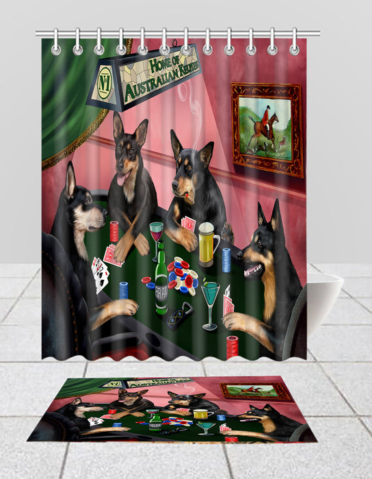 Home of  Australian Kelpie Dogs Playing Poker Bath Mat and Shower Curtain Combo