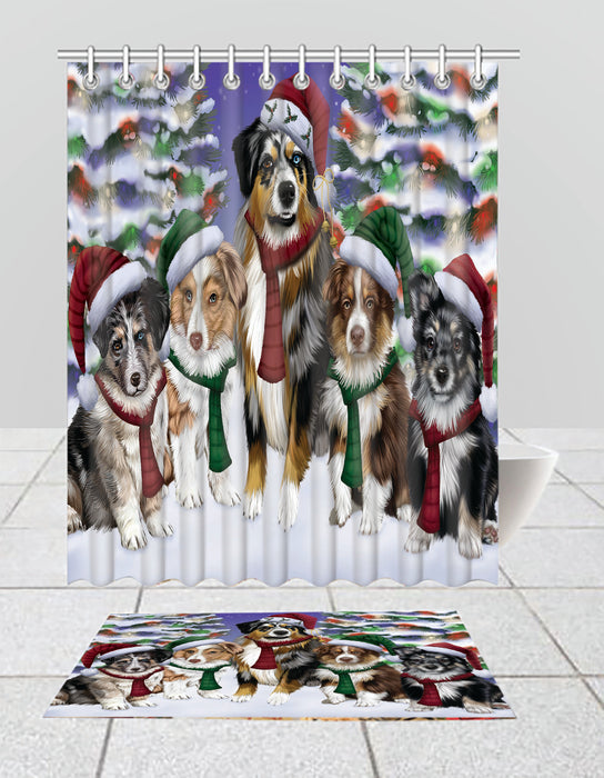 Australian Shepherd Dogs Christmas Family Portrait in Holiday Scenic Background  Bath Mat and Shower Curtain Combo
