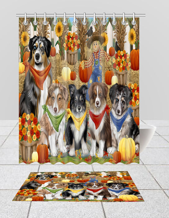 Fall Festive Harvest Time Gathering Australian Shepherd Dogs Bath Mat and Shower Curtain Combo
