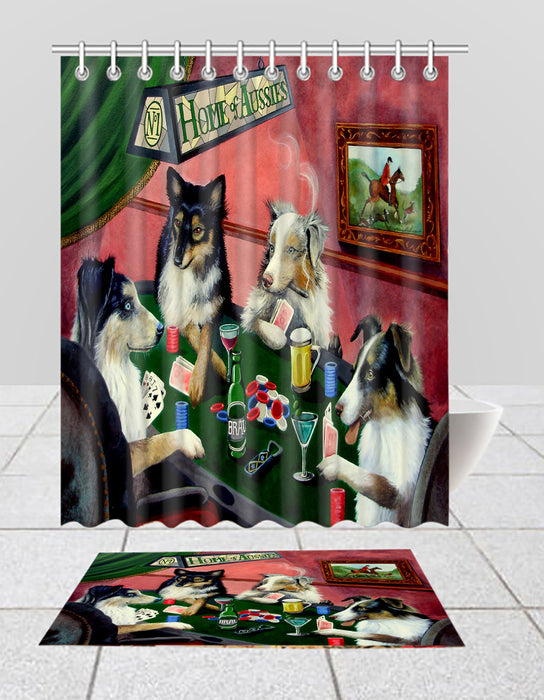Home of  Australian Shepherd Dogs Playing Poker Bath Mat and Shower Curtain Combo