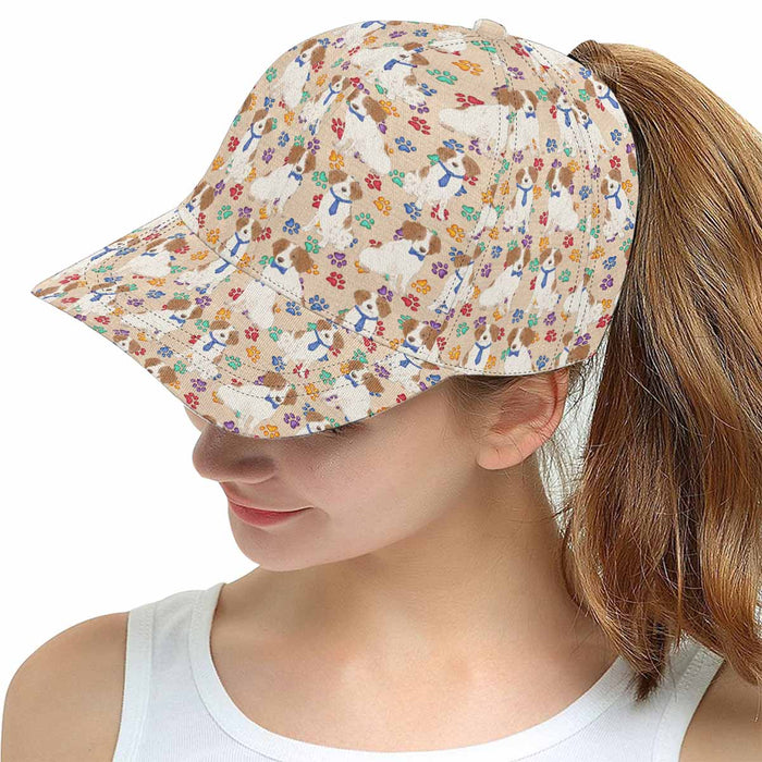 Women's All Over Rainbow Paw Print Brittany Spaniel Dog Snapback Hat Cap
