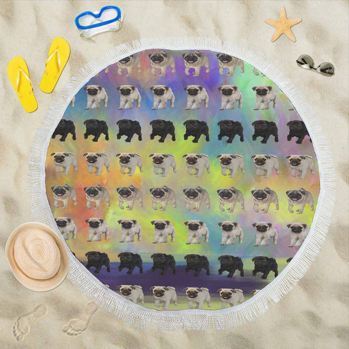 Pug Dogs  Round Beach Mat 59’’