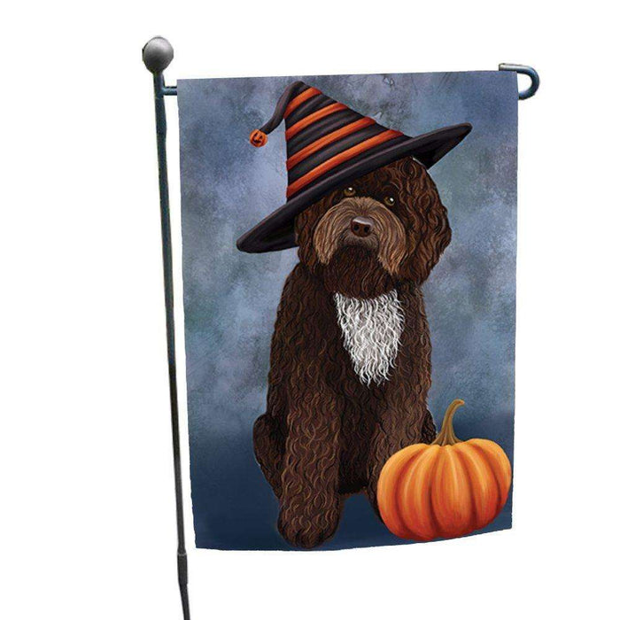 Barbet Dog Wearing Witch Hat with Pumpkin Garden Flag