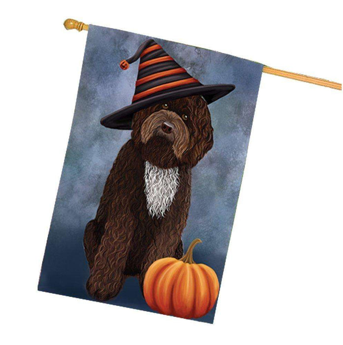 Barbet Dog Wearing Witch Hat with Pumpkin House Flag