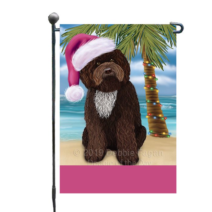 Personalized Summertime Happy Holidays Christmas Barbet Dog on Tropical Island Beach  Custom Garden Flags GFLG-DOTD-A60395