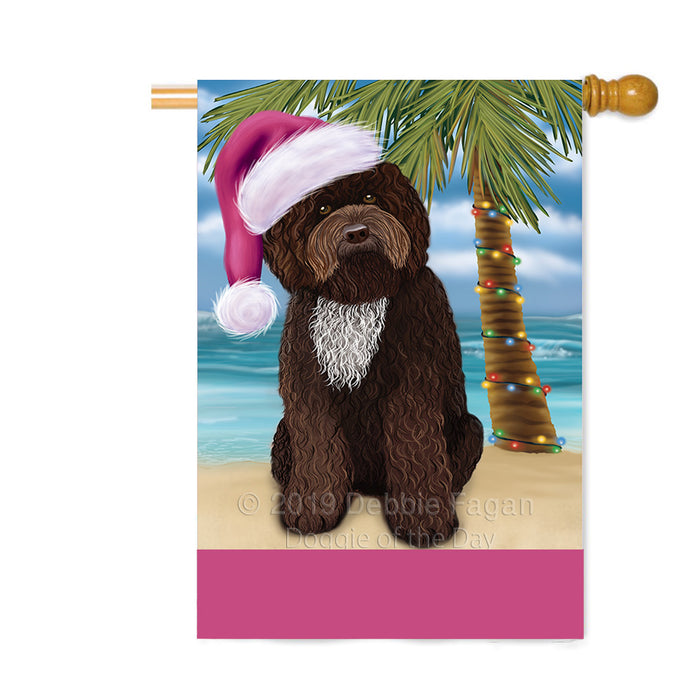 Personalized Summertime Happy Holidays Christmas Barbet Dog on Tropical Island Beach Custom House Flag FLG-DOTD-A60451