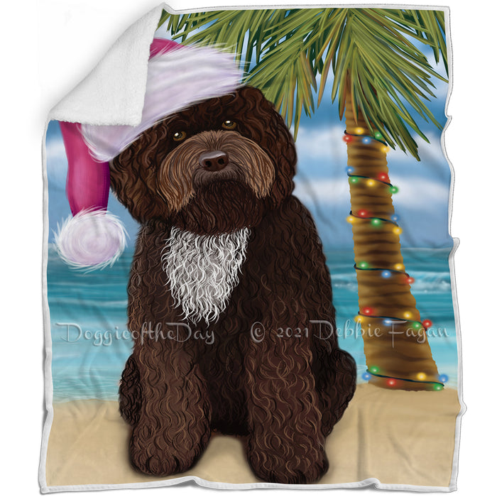 Summertime Happy Holidays Christmas Barbet Dog on Tropical Island Beach Blanket D155