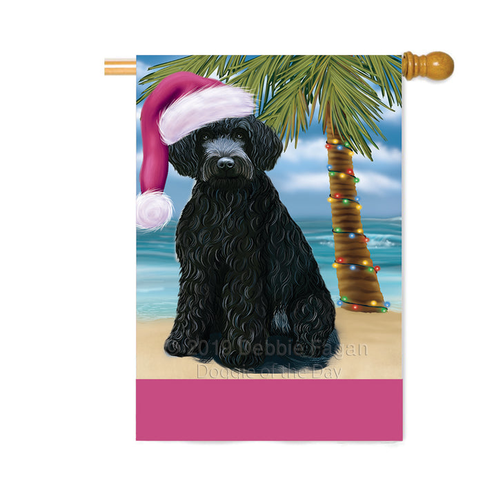 Personalized Summertime Happy Holidays Christmas Barbet Dog on Tropical Island Beach Custom House Flag FLG-DOTD-A60452