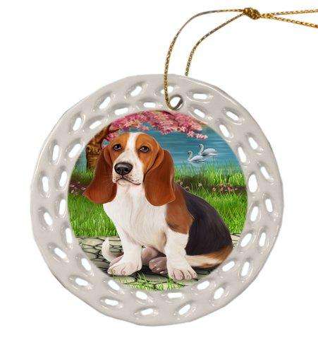 Basset Hound Dog Christmas Doily Ceramic Ornament